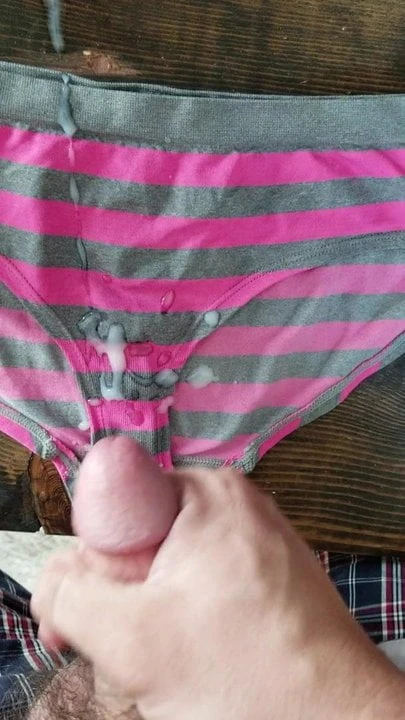 Cum on wife's striped panties