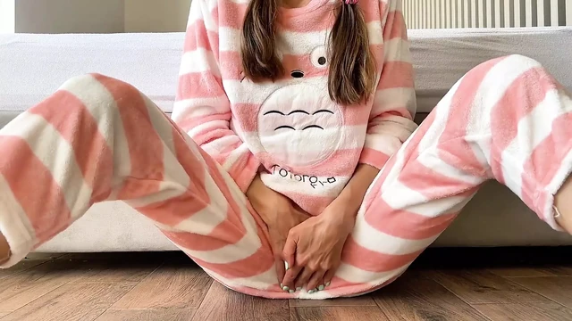 Asian Student in Pajama Teasing Small Tits Fingering Pussy and Big Squirt Orgasm