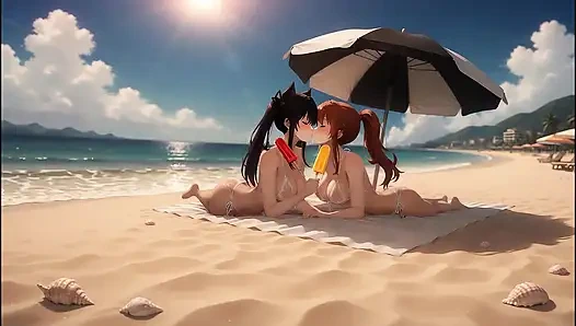 AI Gothic Beauty Meets Redhead Beauty – Beach Crossover (Eating Ice Pops)