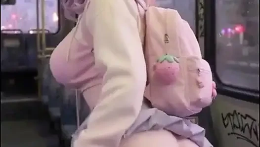 Shy kawaii hentai girl, alone on public bus