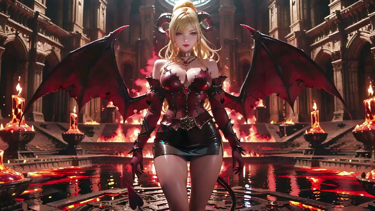 Lava Throne! Blonde Demon Queen Kneels & Spreads Her Wings, Lazy Tease with a Glass.