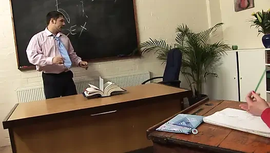 Big boobed brunette in college uniform enjoys in the classroom fuck