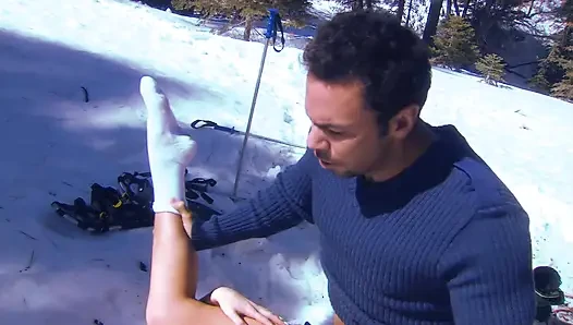 Big ass girl bends over while she gets fucked hard on the snow