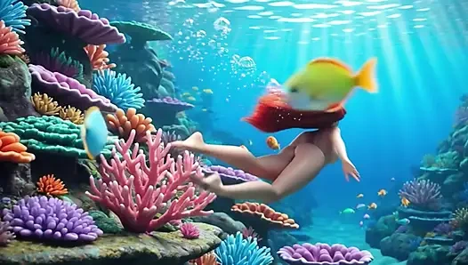 Чувственная зрелая Ariel исследует ее волшебный подводный грот с длинными человеческими ногами и изящными позами в фантазии