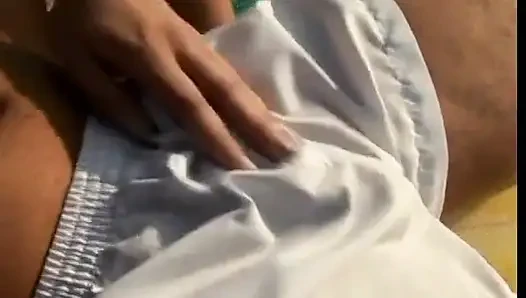 Blonde drains cock on lawn chair then gives titjob