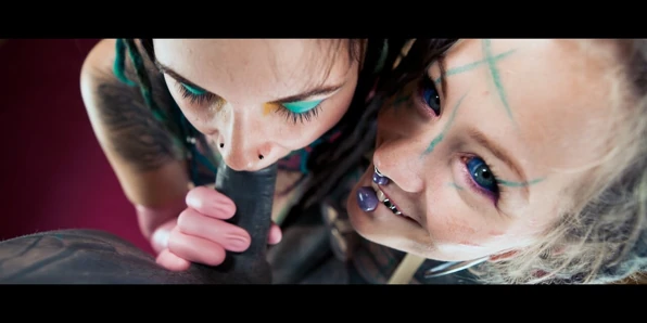 Cinematic Double Blowjob with Two Tattooed Dreadheads