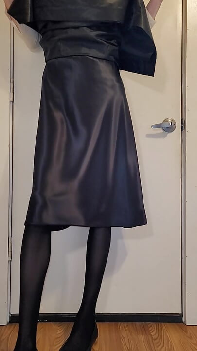 Long black satin skirt with a black satin half slip.
