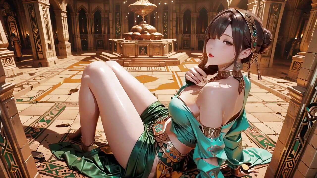 Green Gold Queen Coronation! Lazy Side-lying in the Desert Palace, Fingers Teasing Hair and Veil, Sun-kissed Skin Glistening.
