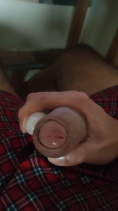 Shooting a big load using a vibrator on my cock  I almost hit my face