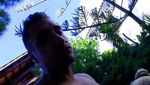 Sexy blonde girl pussy fucking fingering in the garden