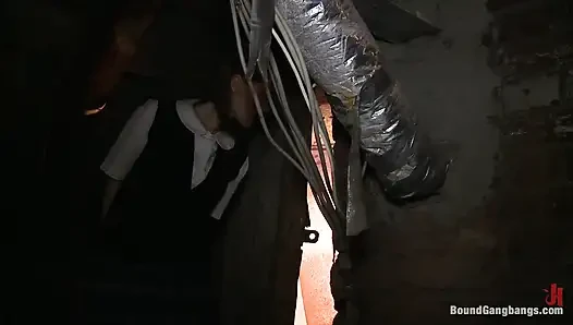 Russian Cutie with Braces Gets Caught Trespassing and Gangbanged