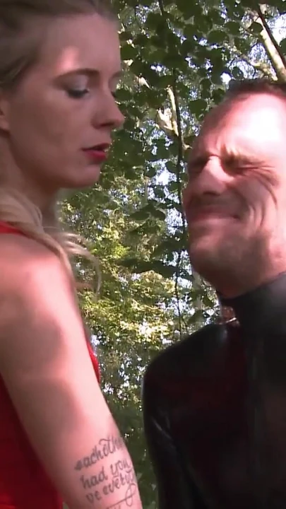 Powerful moment from "A walk with the slave outdoors in public parc"