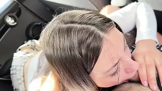 Girl Next Door Paid with Blowjob to Neighbor in Car for Drive her to College!! Cum in Mouth Swallow