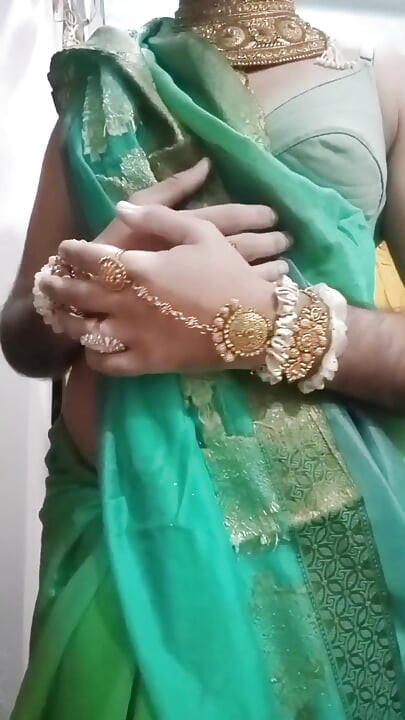 Indian Crossdresser Bottom Gaurisissy Pressing and Playing with Her Big Boobs in Blue Saree Real Homemade Sex