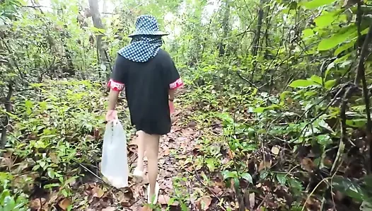 Thai Girl Walking Showing Along the Side of the Field Road in the Countryside Thai Outdoor Public