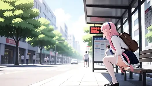 Şehvetli pembe saçlı tatlı kız açık havada yatak odasına doğru yürüyüş yapıyor