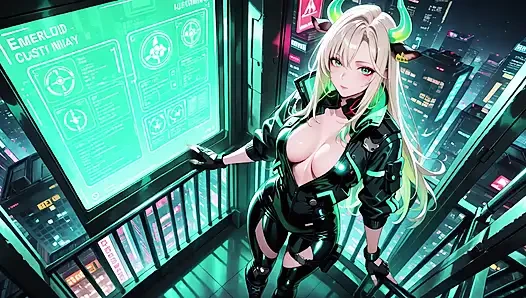 Neon Yağmur Gecesi! Islak deri çömelmiş sarışın ajan düşük, holografik parıltı ve soğuk bakışlar.