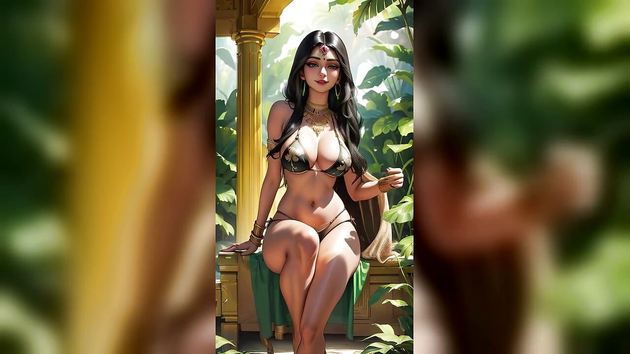 Indijska lepotica Priya desi bhabhi u zelenom bikiniju pleše u bašti hrama (AI model)