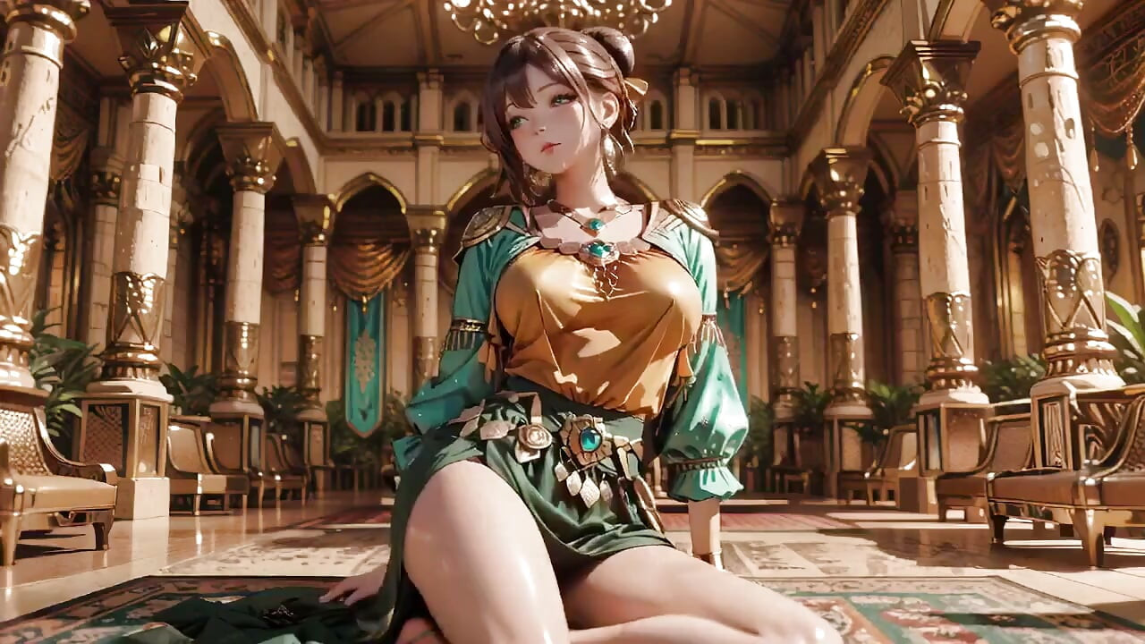 緑の金の女王戴冠！ 砂漠の宮殿で横たわる怠惰な姿、指が髪とヴェールをくすぐり、日焼けした肌が輝く。