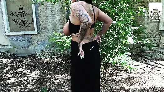 Fat-German chick Ashley Cumstar allows him to suck her big fake tits! StevenShame