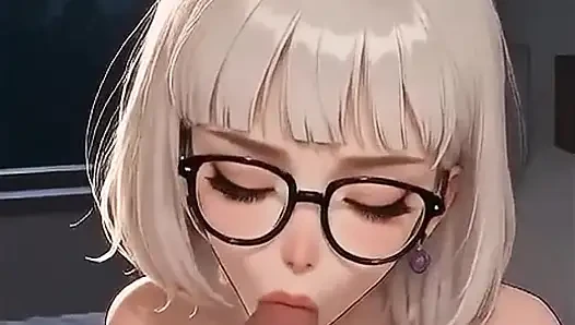 Nerdy AI girl with white hair gives an amazing titjob, close-up blowjob, missionary position, and cum in her mouth