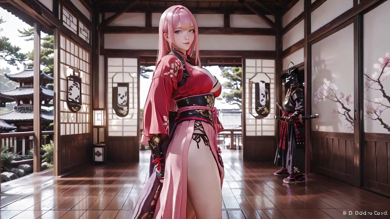 Pink-haired warrior kneeling on tatami, high-slit kimono slipping to reveal snowy thighs.