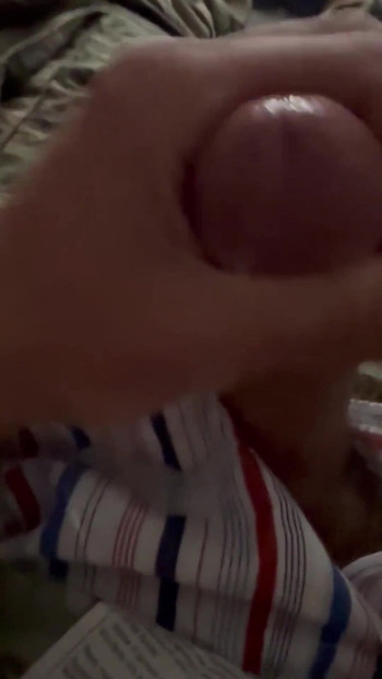 Emotional moment from "Soldier uses vaseline and his cock to have fun wearing his uniform and sarge's boxer shorts!"