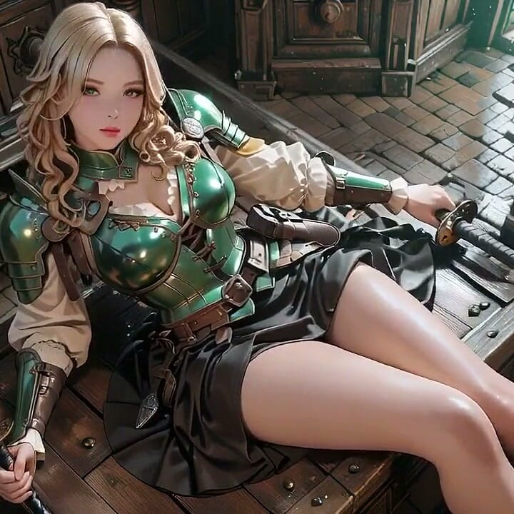 Medieval Knight Fantasy! Green Armor & Wet Secrets, Kneeling in the Library Gazing at You, Hand on Chest Teasing