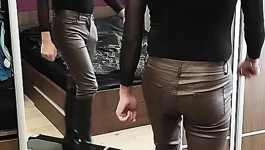 Learning to walk in heels in leather pants