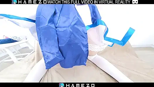 Japanese with pink short hair Rena Horikawa has fun with a dildo,in VR.