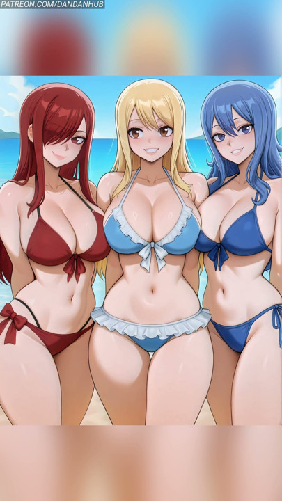 Lucy Erza e Juvia Beach de biquíni saltam - Fairy Tail