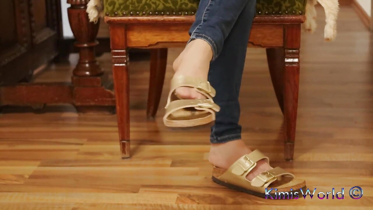 Jeans and Gold Two-strap Sandals - Nylon Feet Tease