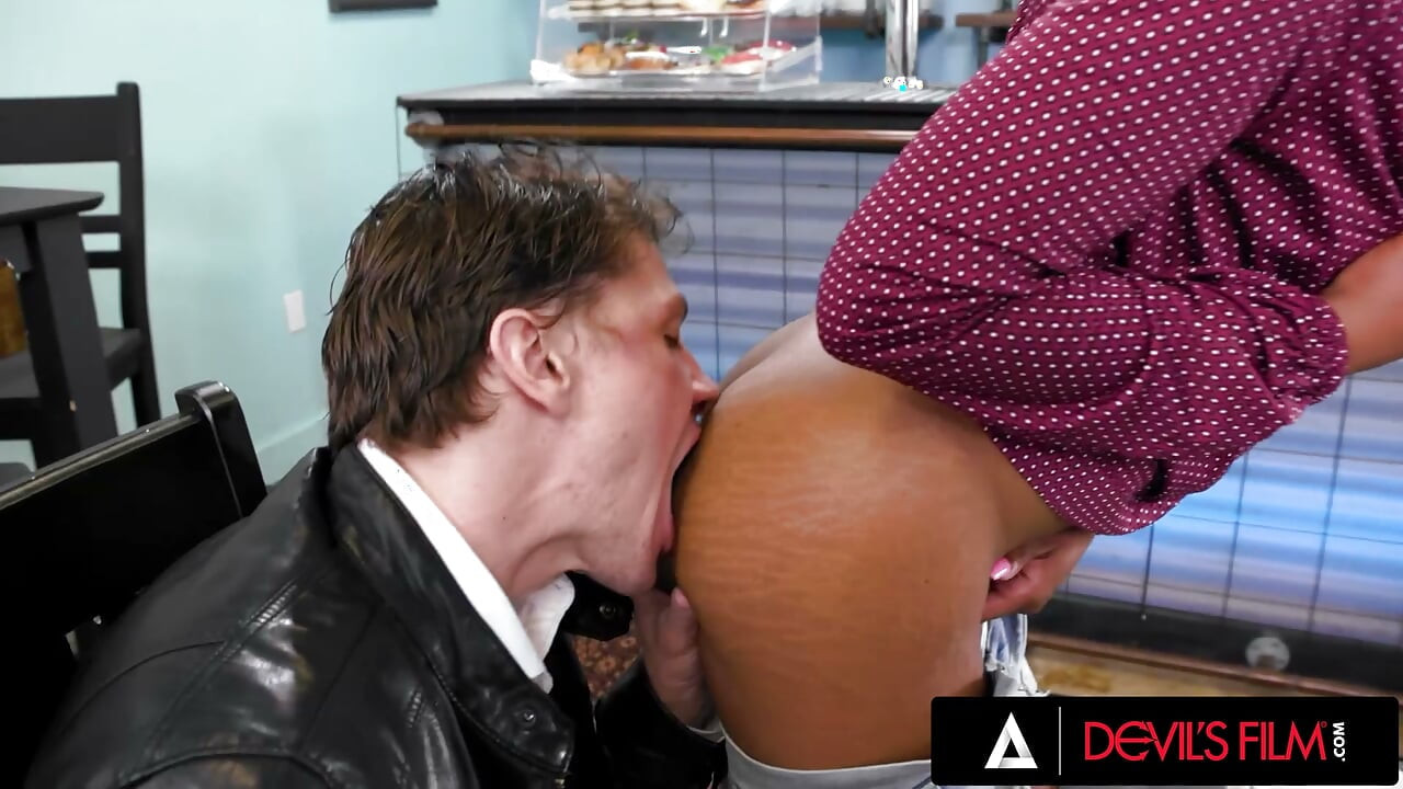 DEVILS FILM - Waitress Lala Ivey Catches Cafe Porn Then Takes Hardcore Interracial Anal