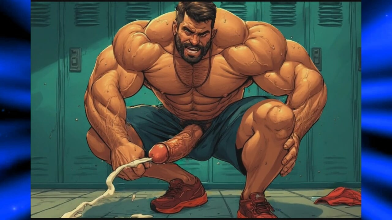 Muscular cartoon guys busting loads at the gym
