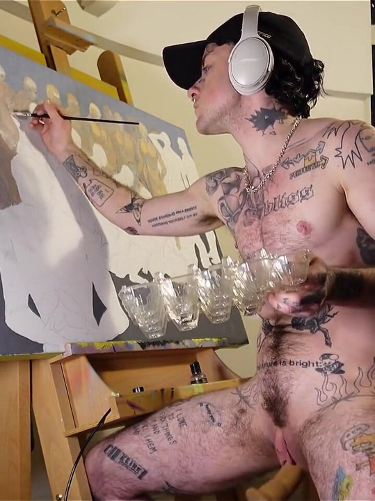 Horny Ftm Artist XXX Skips Works on a Painting While Getting His Pink Boy Pussy Pounded by a Fucking Machine