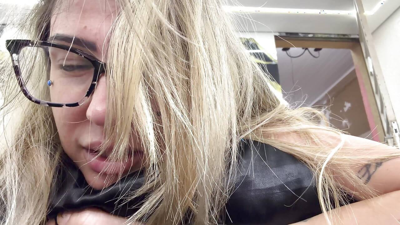 Nerdy girl feels the cuckold's cock for the first time in her face, mouth and ass