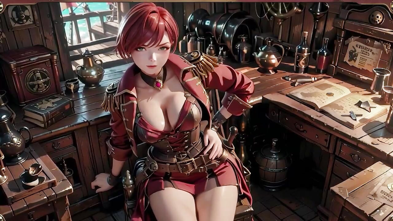 Capitaine pirate rousse ! Jouant avec son sabre dans une cabine de navire vintage