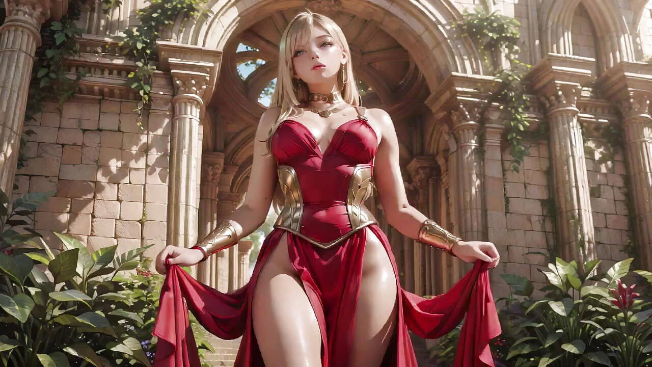 赤いドレスのブロンドクイーン！噴水のそばに座り、スリットドレスを直しながら…君に視線を絡めてくる。