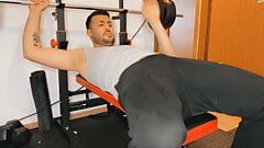Huge Dick Solo Cumshot while barbell workout