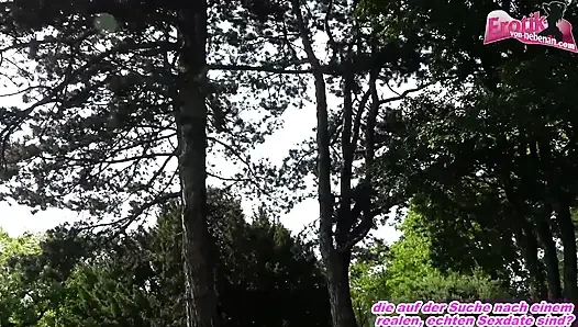 German chubby amateur sucks man cock in the park after flirting