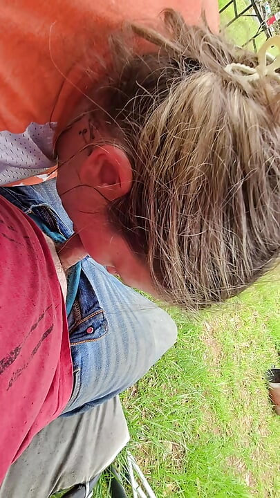 A little outdoor fun after yard work. Some cock worshiping and reverse cowgirl riding in our outdoor swing.