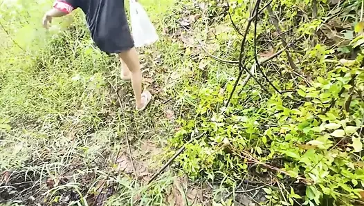 Thai Girl Walking Showing Along the Side of the Field Road in the Countryside Thai Outdoor Public