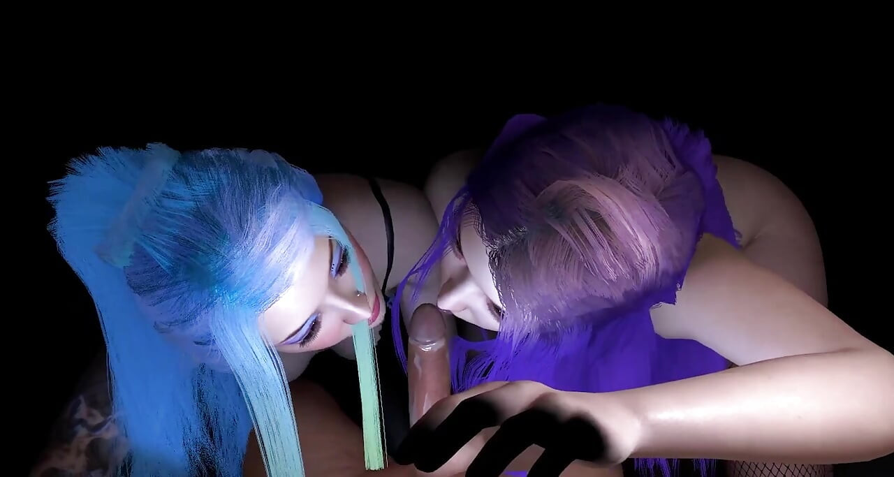 สองสาวผมสีสด ดูดควยคู่ : 3D Porn