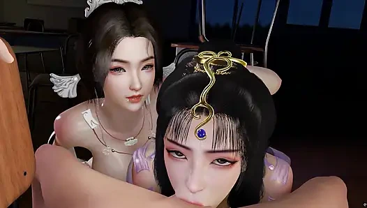 3 boyutlu iki azgın hatun büyük bir yarağı paylaşıyor