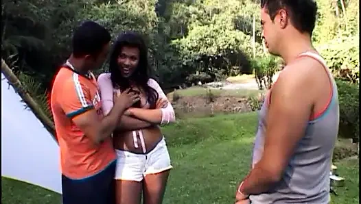 Two Horny Dudes Make Sandwitch with Juicy Latin Babe Sara Scott in the Forest