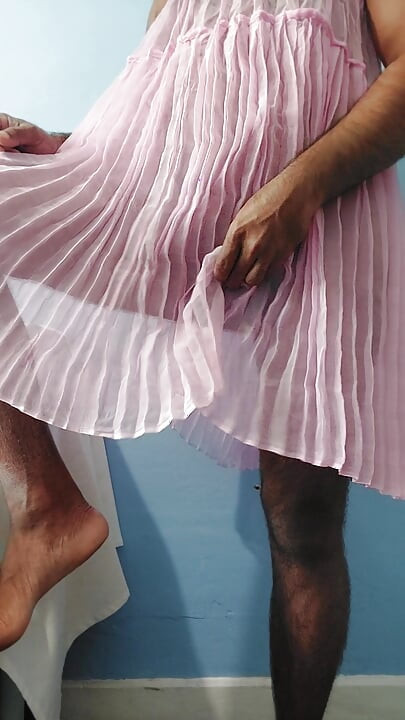 It feels so horny when masterbating in this silk seethrough fleard pleated chiffon pink skirt