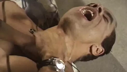 This busty ebony likes to play with two cocks at the same time