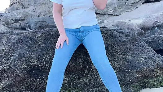 Peeing in Tight Jeans on the Beach