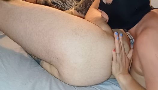 She licks his ass and balls before giving bj and receiving his cum