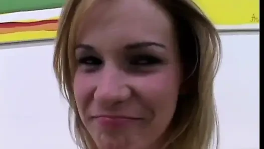 POV blond with small tits sucks huge cock then creamed from behind
